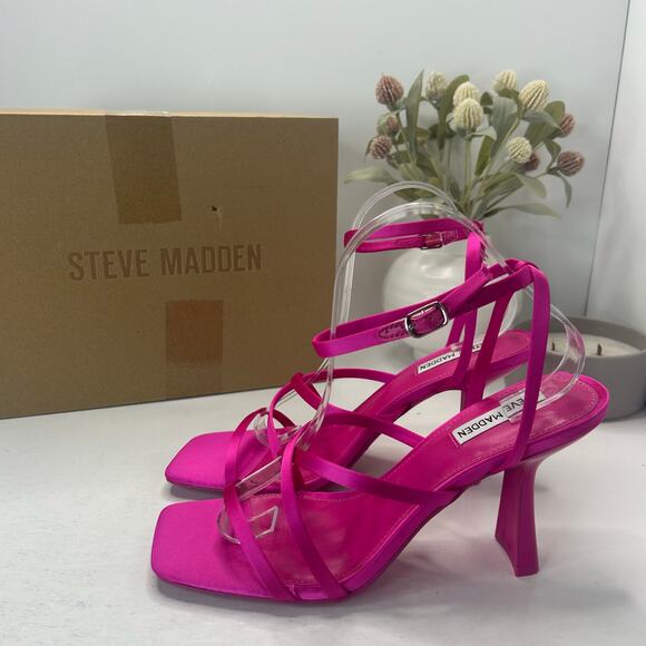 Steve Madden Brendi Strappy Satin Square Toe Heel Fuchsia Women 10 Tried On - Picture 1 of 11